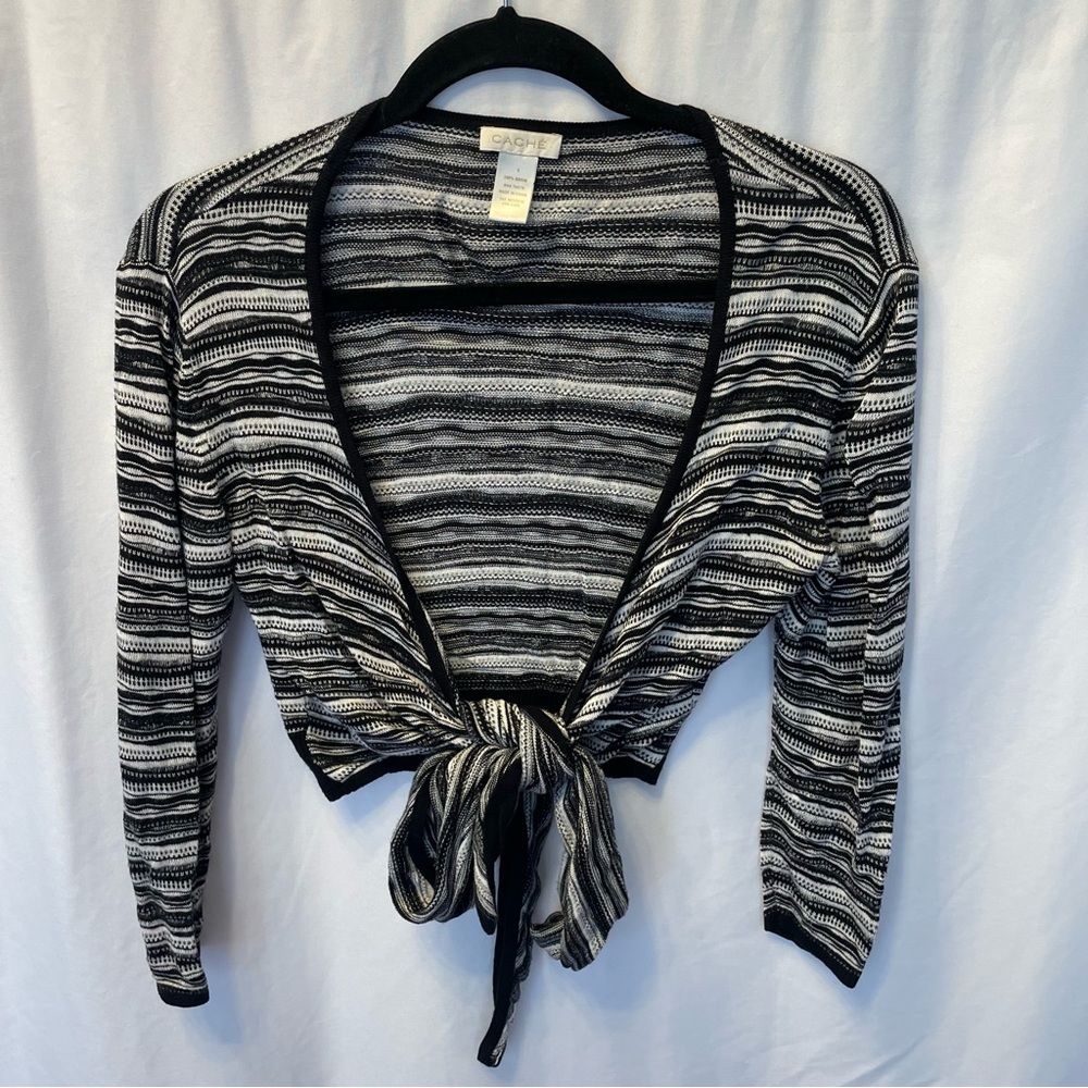 Caché Tie Front Cardigan Women's Small Long Sleeve Sweater Striped Geometric EUC